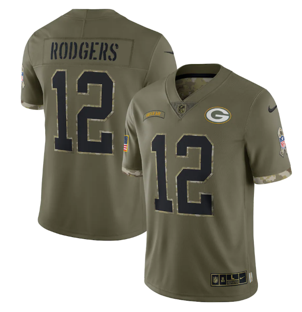 Men's Green Bay Packers #12 Aaron Rodgers Olive 2022 Salute To Service Limited Stitched Jersey